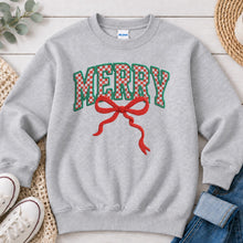 Load image into Gallery viewer, Merry Bow Christmas design on Ash Grey crewneck sweatshirt
