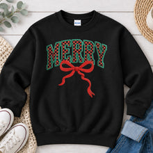 Load image into Gallery viewer, Merry Bow Christmas design on Black crewneck sweatshirt
