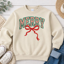 Load image into Gallery viewer, Merry Bow Christmas design on Sand crewneck sweatshirt
