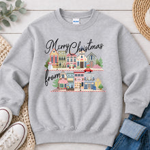 Load image into Gallery viewer, Merry Christmas From Village Christmas design on Ash Grey crewneck sweatshirt
