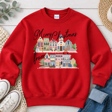 Load image into Gallery viewer, Merry Christmas From Village Christmas design on Red crewneck sweatshirt
