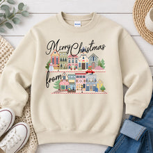 Load image into Gallery viewer, Merry Christmas From Village Christmas design on Sand crewneck sweatshirt
