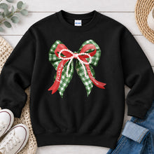 Load image into Gallery viewer, Merry Christmas Gingham Bow Christmas design on Black crewneck sweatshirt
