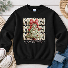 Load image into Gallery viewer, Merry Christmas Knit Tree Christmas design on Black crewneck sweatshirt
