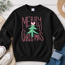 Load image into Gallery viewer, Merry Christmas Pink Tree Christmas design on Black crewneck sweatshirt
