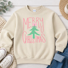Load image into Gallery viewer, Merry Christmas Pink Tree Christmas design on Sand crewneck sweatshirt
