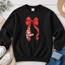 Load image into Gallery viewer, Merry Christmas Santa On Bow Christmas design on Black crewneck sweatshirt
