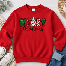 Load image into Gallery viewer, Merry Christmas Tree Cake Christmas design on Red crewneck sweatshirt
