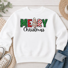 Load image into Gallery viewer, Merry Christmas Tree Cake Christmas design on White crewneck sweatshirt
