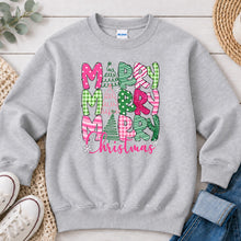 Load image into Gallery viewer, Merry Merry Merry Christmas Christmas design on Ash Grey crewneck sweatshirt
