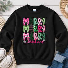 Load image into Gallery viewer, Merry Merry Merry Christmas Christmas design on Black crewneck sweatshirt
