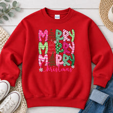Load image into Gallery viewer, Merry Merry Merry Christmas Christmas design on Red crewneck sweatshirt
