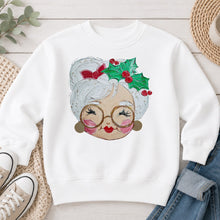 Load image into Gallery viewer, Mrs Claus Christmas design on White crewneck sweatshirt
