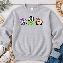 Load image into Gallery viewer, Mummy Frankenstein Vampire Purple Bow Halloween design on Ash Grey crewneck sweatshirt
