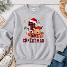 Load image into Gallery viewer, My 1st Christmas Reindeer Plaid Christmas design on Ash Grey crewneck sweatshirt
