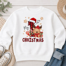 Load image into Gallery viewer, My 1st Christmas Reindeer Plaid Christmas design on White crewneck sweatshirt
