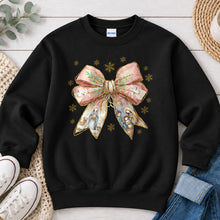 Load image into Gallery viewer, Nativity Bow Christmas design on Black crewneck sweatshirt
