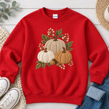 Load image into Gallery viewer, Neutral Embroidered Pumpkins Fall design on Red crewneck sweatshirt
