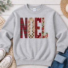 Load image into Gallery viewer, Noel Plaid Christmas design on Ash Grey crewneck sweatshirt

