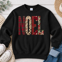 Load image into Gallery viewer, Noel Plaid Christmas design on Black crewneck sweatshirt
