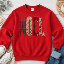 Load image into Gallery viewer, Noel Plaid Christmas design on Red crewneck sweatshirt
