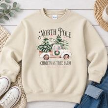 Load image into Gallery viewer, North Pole Christmas Tree Farm Truck Christmas design on Sand crewneck sweatshirt
