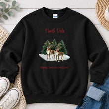 Load image into Gallery viewer, North Pole Reindeer Farm Christmas design on Black crewneck sweatshirt
