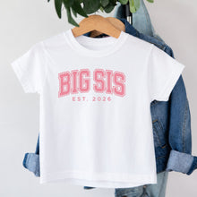 Load image into Gallery viewer, Big Sis Varsity Est 2026 design on white kids t-shirt
