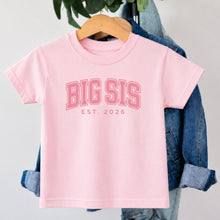 Load image into Gallery viewer, Big Sis Varsity Est 2026 design on pink kids t-shirt
