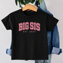 Load image into Gallery viewer, Big Sis Varsity Est 2027 design on black kids t-shirt
