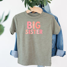 Load image into Gallery viewer, Big Sister Pink Watercolor design on sage kids t-shirt

