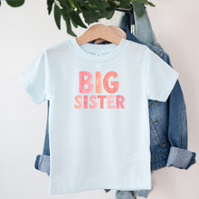 Load image into Gallery viewer, Big Sister Pink Watercolor design on light blue kids t-shirt

