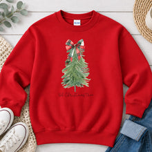 Load image into Gallery viewer, Oh Christmas Tree Watercolor Christmas design on Red crewneck sweatshirt
