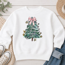 Load image into Gallery viewer, Oh Come Let Us Adore Him Tree Christmas design on White crewneck sweatshirt
