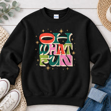 Load image into Gallery viewer, Oh What Fun Christmas design on Black crewneck sweatshirt
