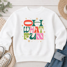 Load image into Gallery viewer, Oh What Fun Christmas design on White crewneck sweatshirt
