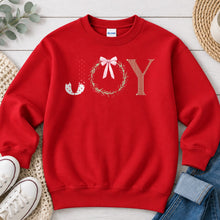 Load image into Gallery viewer, Oh What Joy Wreath Christmas design on Red crewneck sweatshirt
