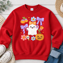 Load image into Gallery viewer, Pastel Bow Ghost Flowers Halloween design on Red crewneck sweatshirt
