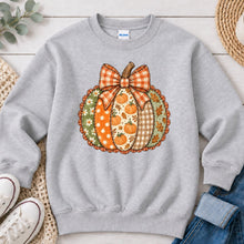 Load image into Gallery viewer, Patchwork Pumpkin Plaid Bow Fall design on Ash Grey crewneck sweatshirt
