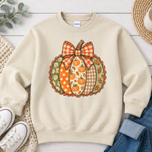 Load image into Gallery viewer, Patchwork Pumpkin Plaid Bow Fall design on Sand crewneck sweatshirt
