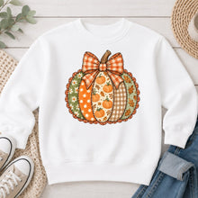 Load image into Gallery viewer, Patchwork Pumpkin Plaid Bow Fall design on White crewneck sweatshirt
