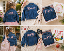 Load image into Gallery viewer, Personalized embroidered denim jacket for girls with name Natalie in pink script and Maeve in pink block lettering, shown on toddler, flat lay and gift box
