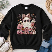 Load image into Gallery viewer, Pink Boujee Ghost Latte Halloween design on Black crewneck sweatshirt
