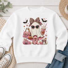 Load image into Gallery viewer, Pink Boujee Ghost Latte Halloween design on White crewneck sweatshirt
