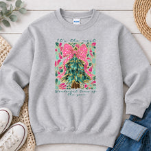 Load image into Gallery viewer, Pink Bow Christmas Tree Christmas design on Ash Grey crewneck sweatshirt
