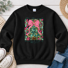 Load image into Gallery viewer, Pink Bow Christmas Tree Christmas design on Black crewneck sweatshirt
