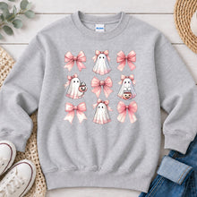 Load image into Gallery viewer, Pink Bows And Ghosts Pattern Halloween design on Ash Grey crewneck sweatshirt
