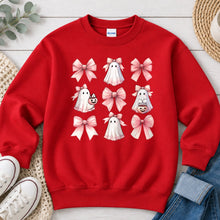 Load image into Gallery viewer, Pink Bows And Ghosts Pattern Halloween design on Red crewneck sweatshirt
