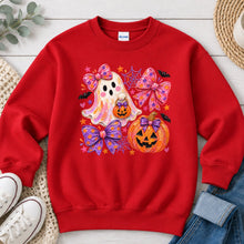 Load image into Gallery viewer, Pink Bows Ghost Pumpkin Halloween design on Red crewneck sweatshirt
