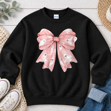 Load image into Gallery viewer, Pink Ghost Print Bow Halloween design on Black crewneck sweatshirt
